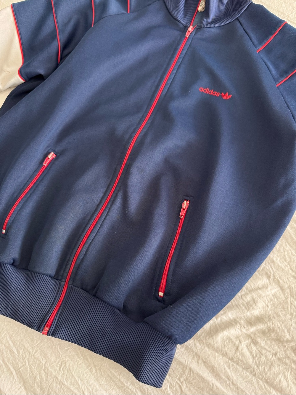 Vintage 80s Adidas Trefoil Track Jacket Navy Red White Colorblock - Picture 7 of 15